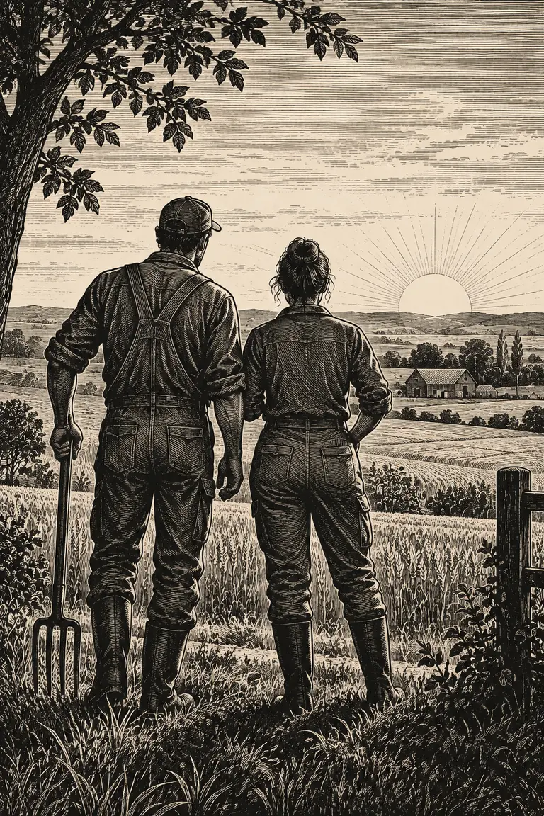 Illustration : un agriculteur et une agricultrice contemplent leurs terres
