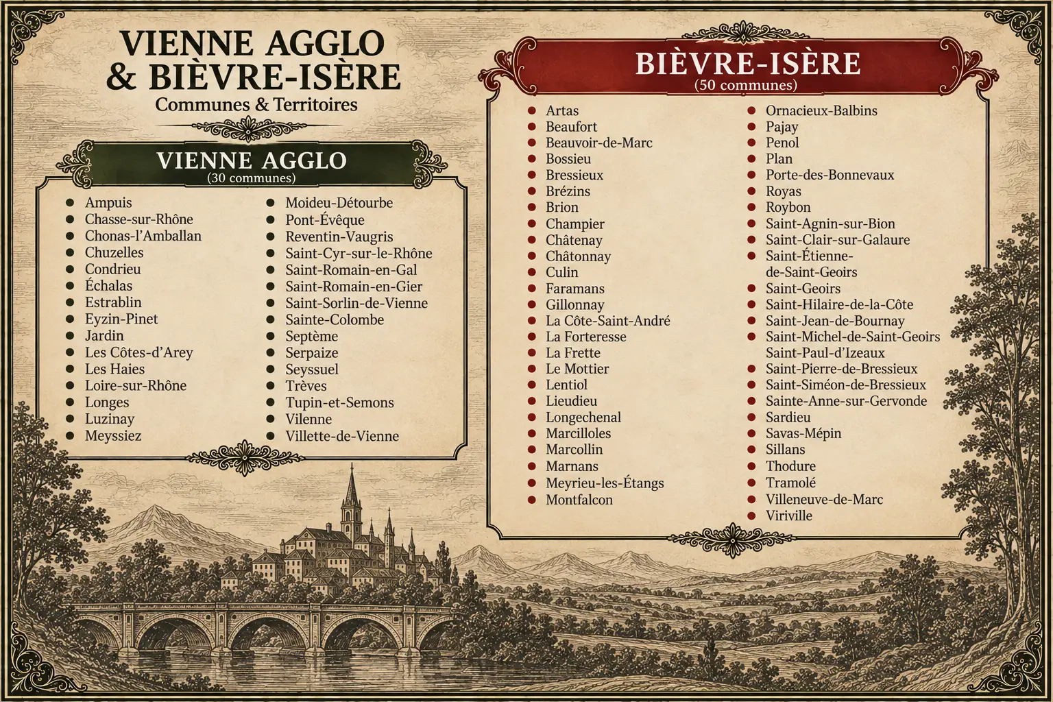 Carte illustrée listant les communes de Vienne Condrieu Agglomération et de Bièvre-Isère couvertes par AGRIS A7