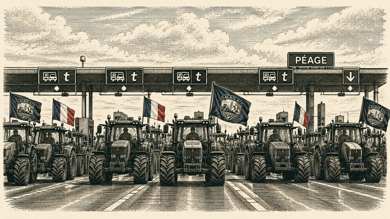 Rangée de tracteurs aux drapeaux devant les barrières d’un péage