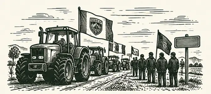 Convoi de tracteurs aux drapeaux, suivi de manifestants sur une route