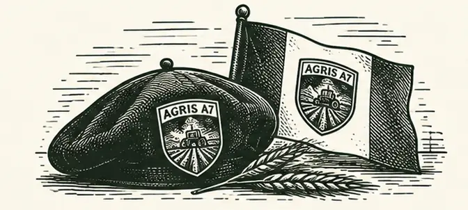 Béret et drapeau aux couleurs d’AGRIS A7, posés l’un près de l’autre