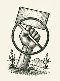 Poing levé tenant une pancarte barrée, symbole d’une association non syndicale
