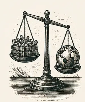 Balance entre une caisse de fruits et légumes et un globe terrestre