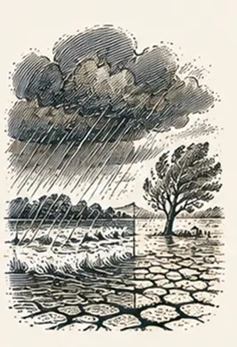 Orage, terre craquelée par la sécheresse et inondation sur des terres agricoles