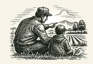 Un agriculteur montre le paysage à un enfant