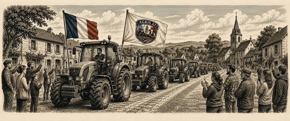 Convoi de tracteurs aux drapeaux français traversant un village, des habitants sur le bord de la route