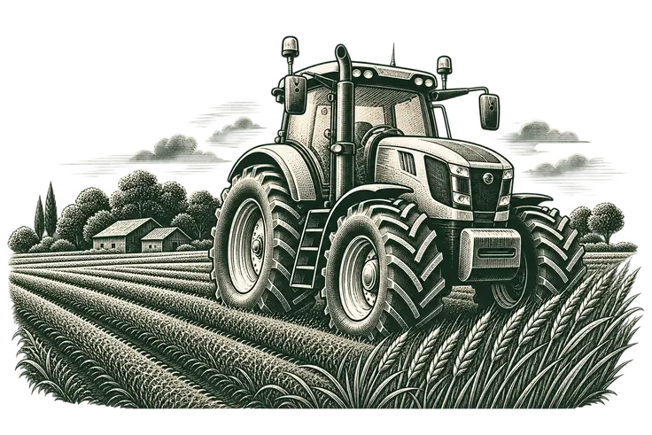 Gravure d’un tracteur au travail dans un champ