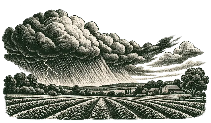 Gravure d’un ciel d’orage au-dessus de champs