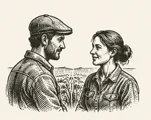 Un agriculteur et une agricultrice se regardent, au milieu des champs