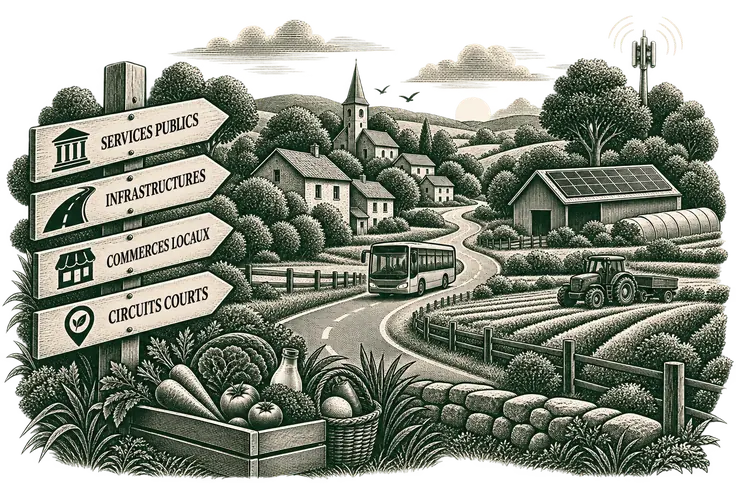 Gravure d’un village et de panneaux : services publics, infrastructures, commerces locaux, circuits courts